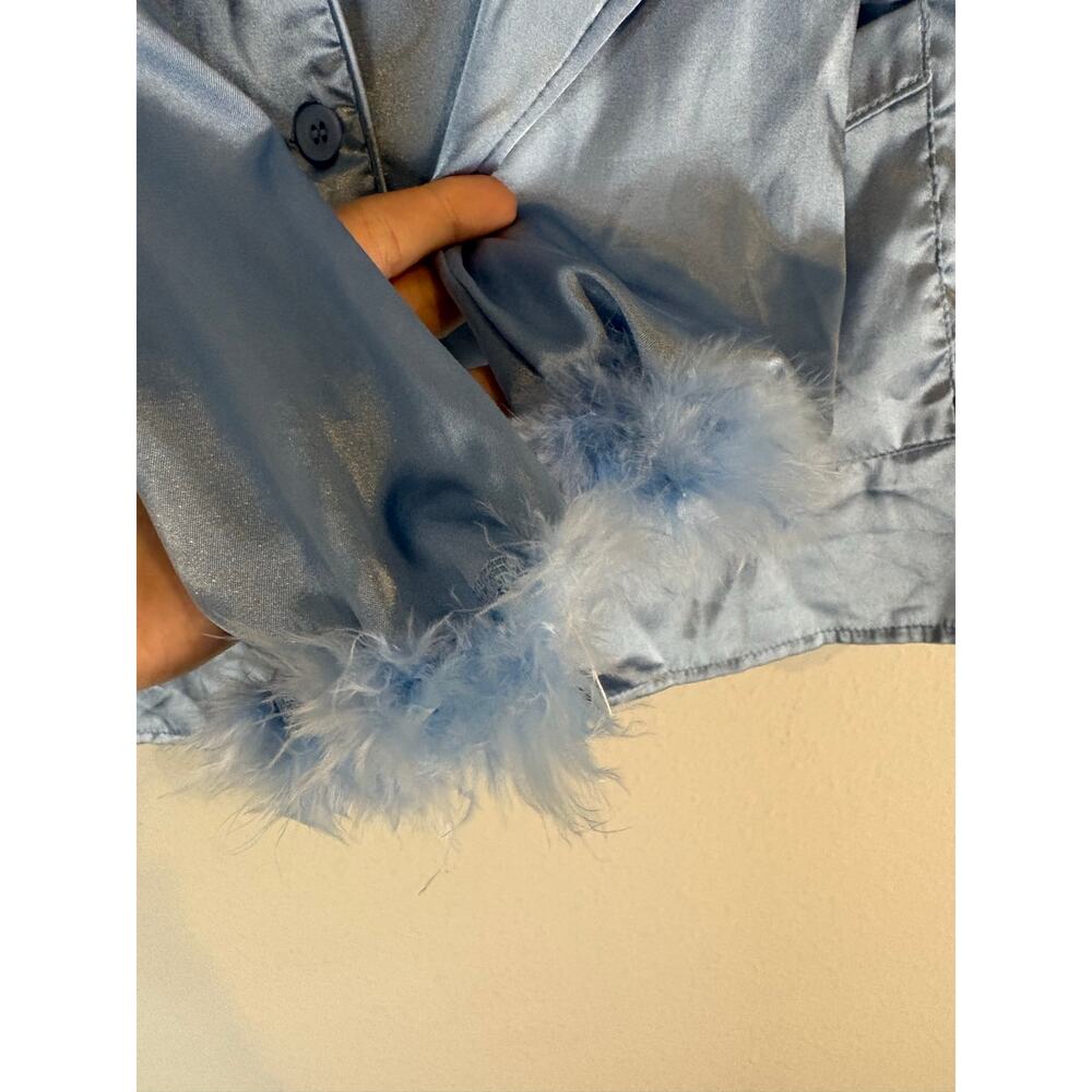 Womens Long Sleeve Silky Satin Fur Trim Pajama Set Sleepwear Loungewear S - Picture 8 of 16